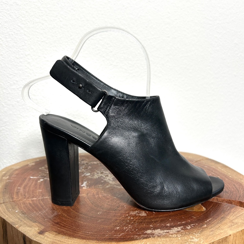 Vince Black Leather Slingback Block Heel Peep Toe Sandal Shoes Womens Size 7M 37